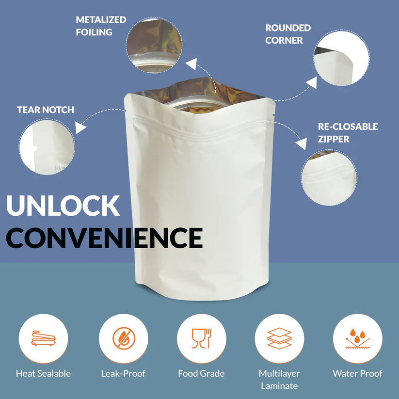 Matte white milky standup pouch zipper- food packaging - Image 4